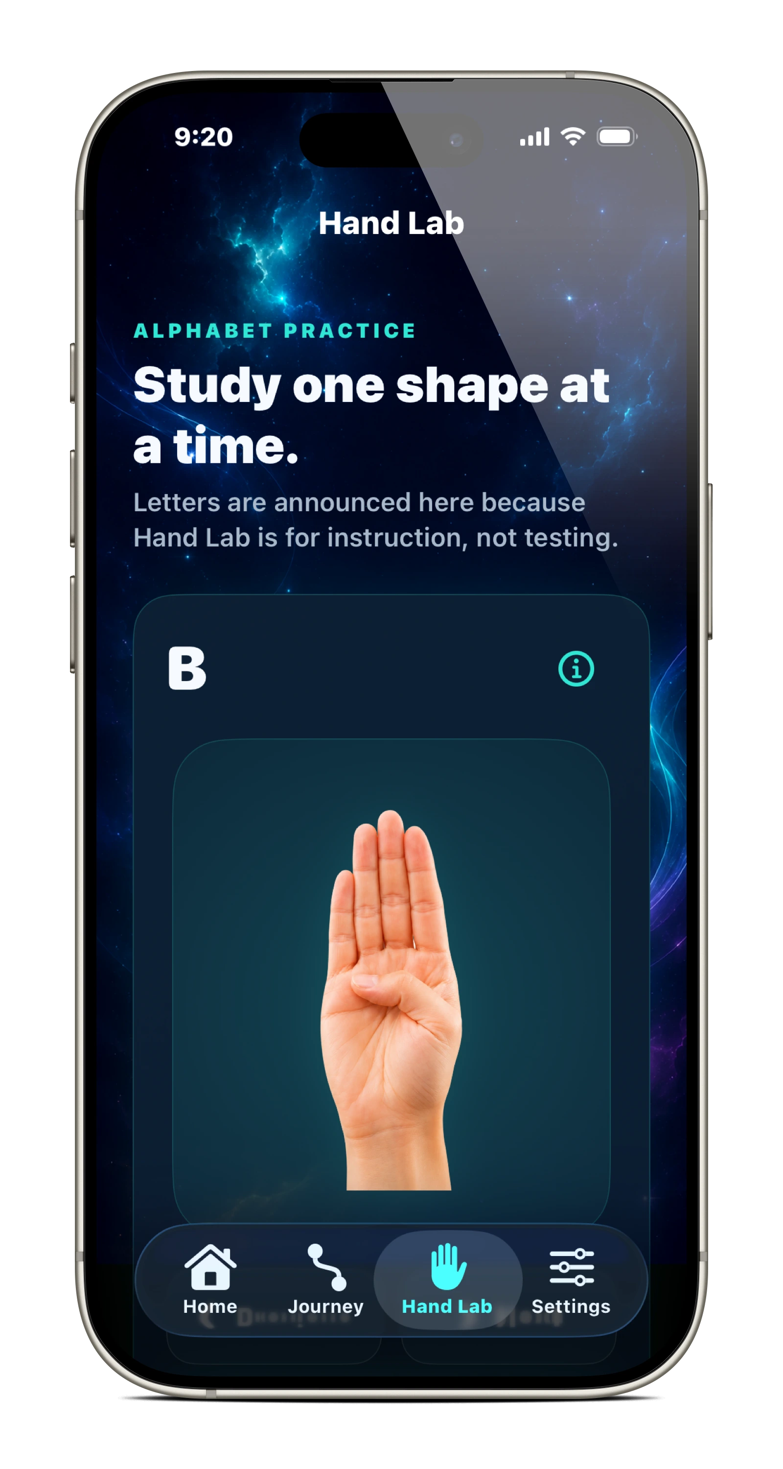 Speedy Fingers Hand Lab showing the ASL fingerspelling handshape for B.