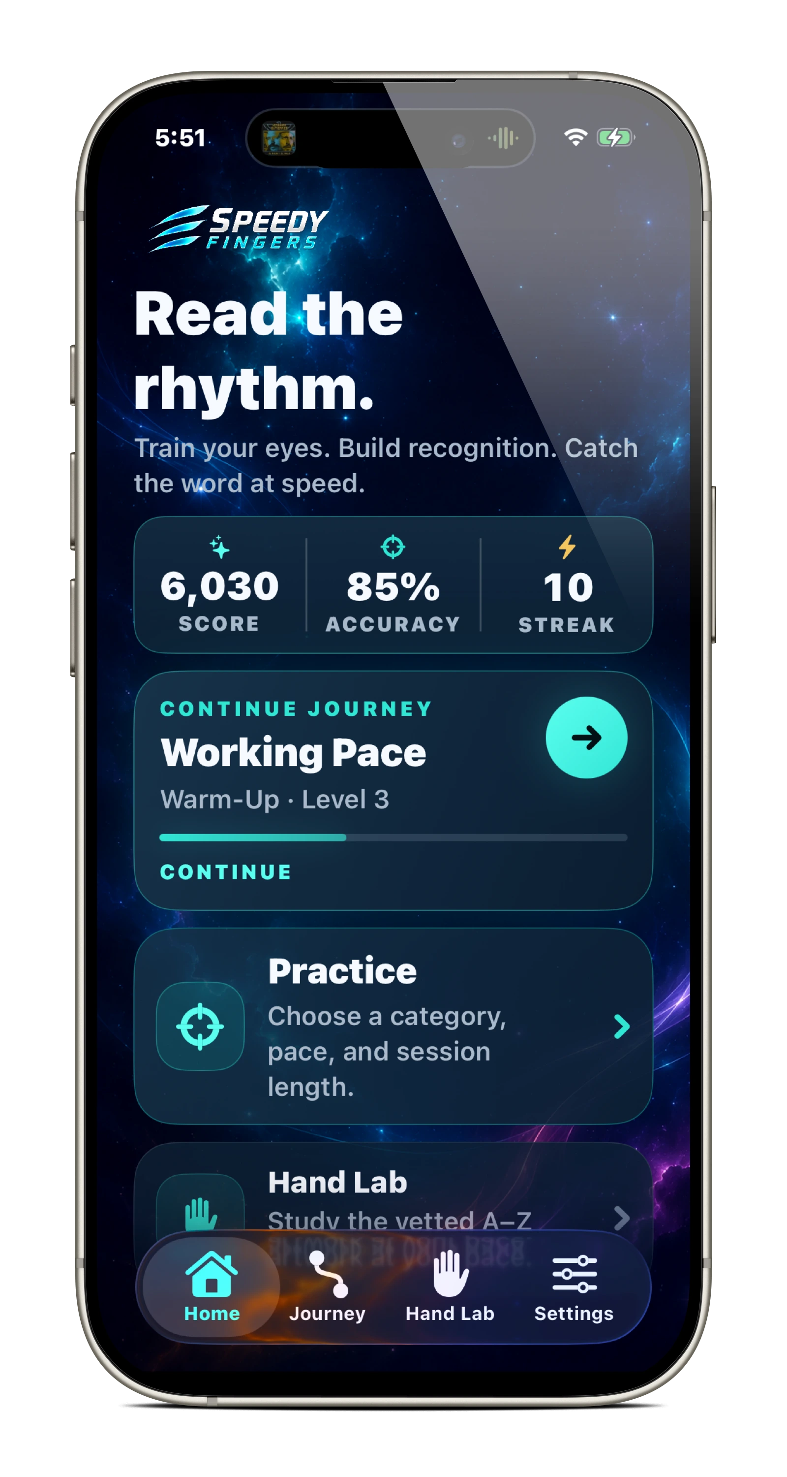 Speedy Fingers home screen with score, accuracy, streak, practice, and Hand Lab.