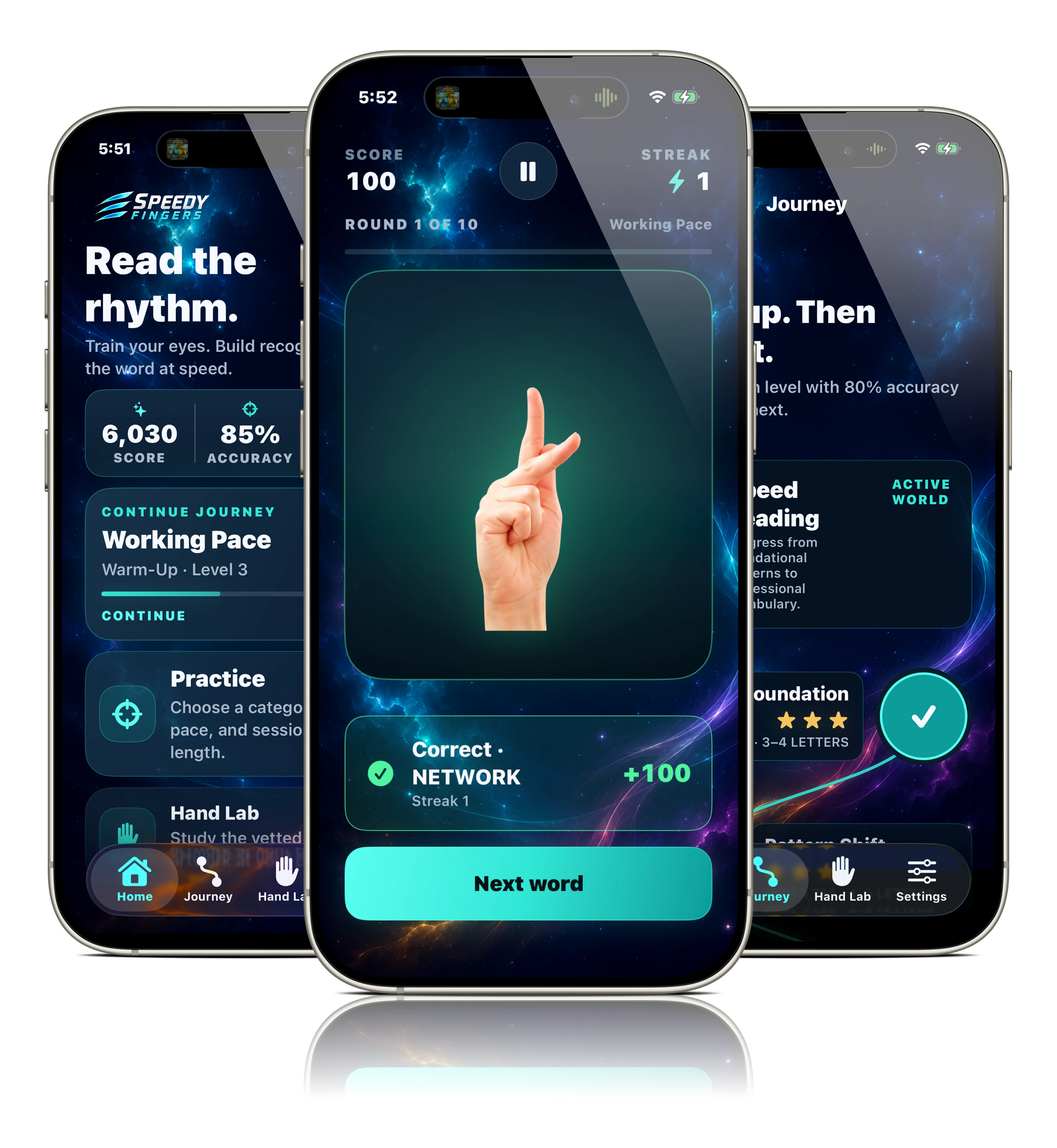 Three Speedy Fingers screens showing the home dashboard, a recognition round, and Journey mode on iPhone.