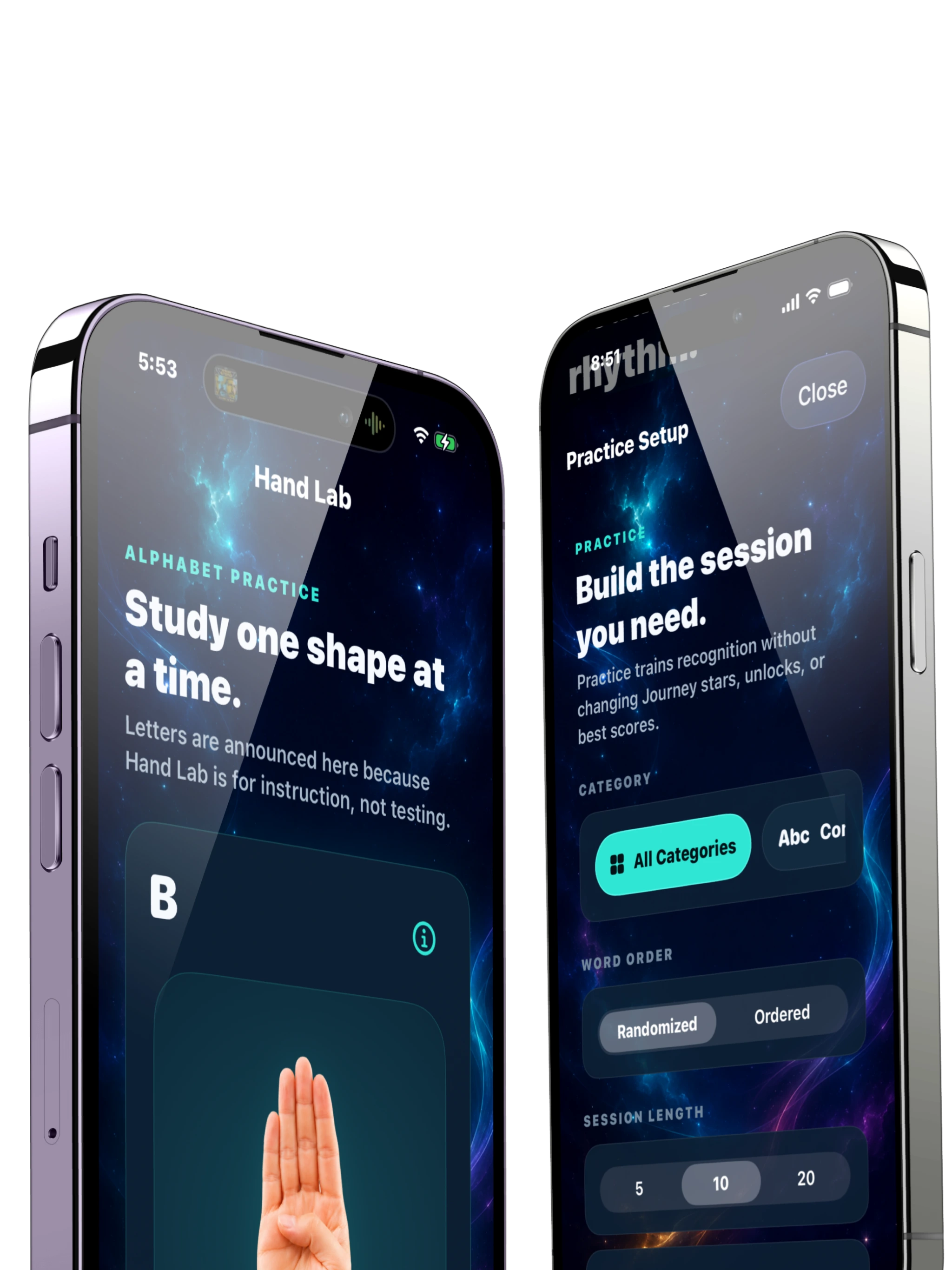 Speedy Fingers Hand Lab and custom practice setup screens on two iPhones.